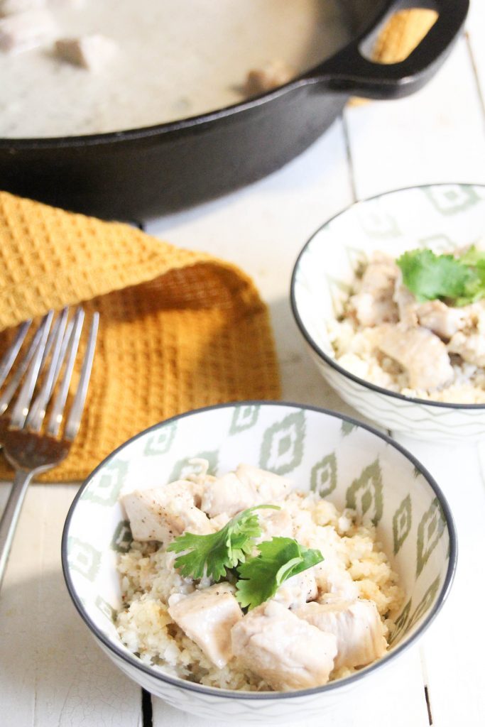 Coconut chicken made with a rich dairy-free sauce that is filled with savory garlic. Top with your favorite low carb rice for a healthy dinner.