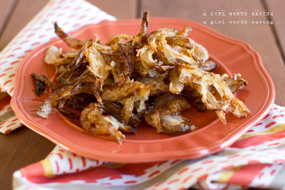 Gluten-free Green Bean Casserole Kelly Bejelly homemade fried onions on a plate for topping of your gluten free green bean casserole