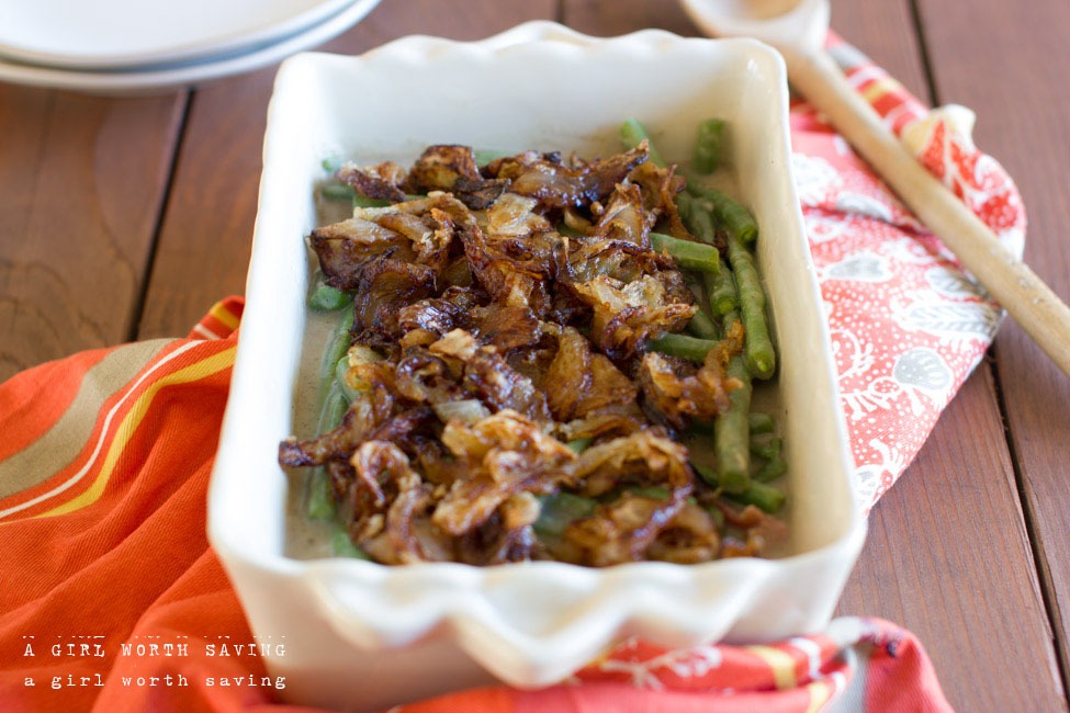 Gluten-free Green Bean Casserole Kelly Bejelly gluten free green bean casserole in a serving platter with a spoon to the side