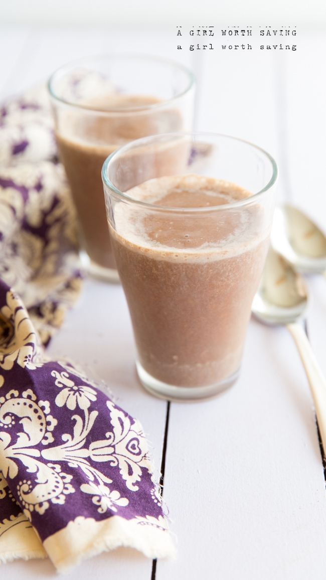Salted Chocolate Smoothie Kelly Bejelly two salted chocolate smoothies on a table with a napkin in the background