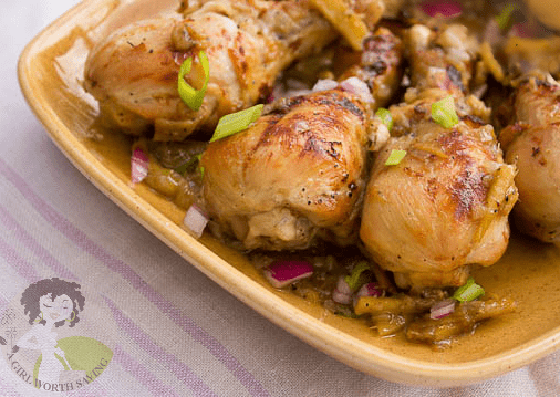 close up on ginger chicken on a platter