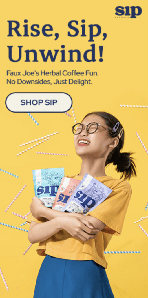 A joyful woman holds multiple bags of Sip Herbals Coffee Alternative, her smile radiating positivity, while vibrant and colorful straws float through the air, adding a playful touch to the scene.
