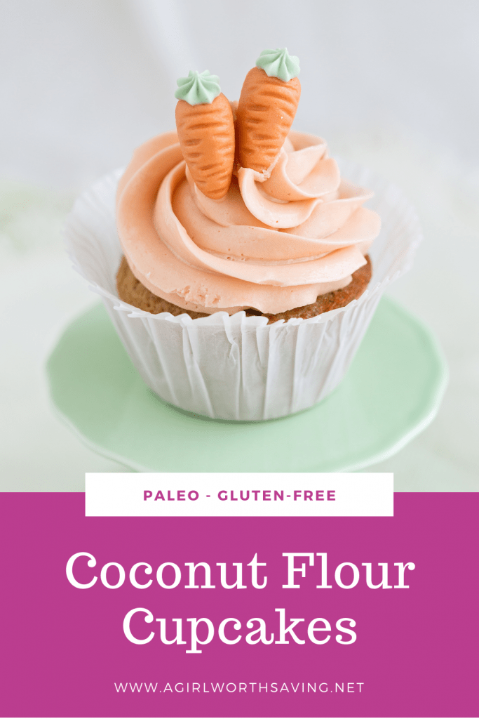coconut flour carrot cupcake on a tray with text overlay