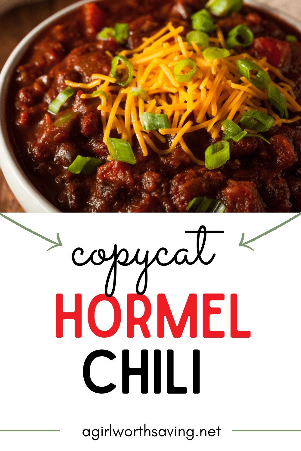 Copycat Hormel Chili in a bowl with cheese on top and text overlay