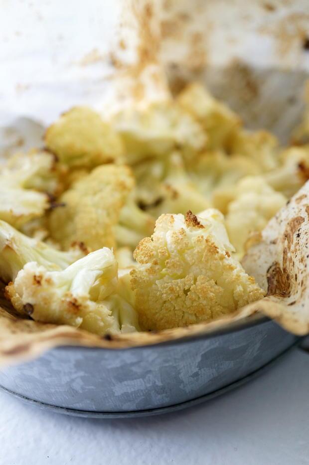 Roasted Salt and Pepper Cauliflower bites in a pan