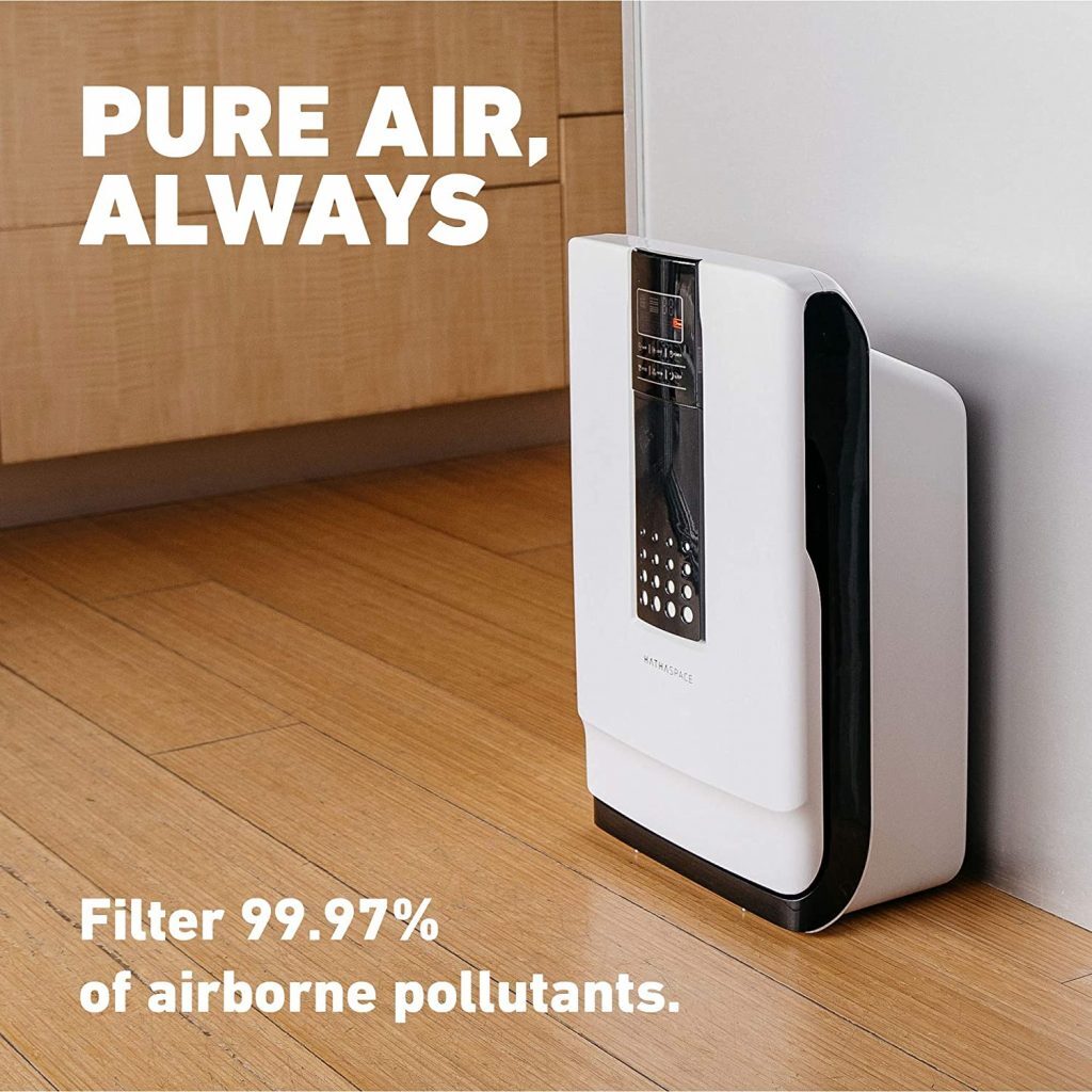 hathaspace air purifier in a room with text overlay
