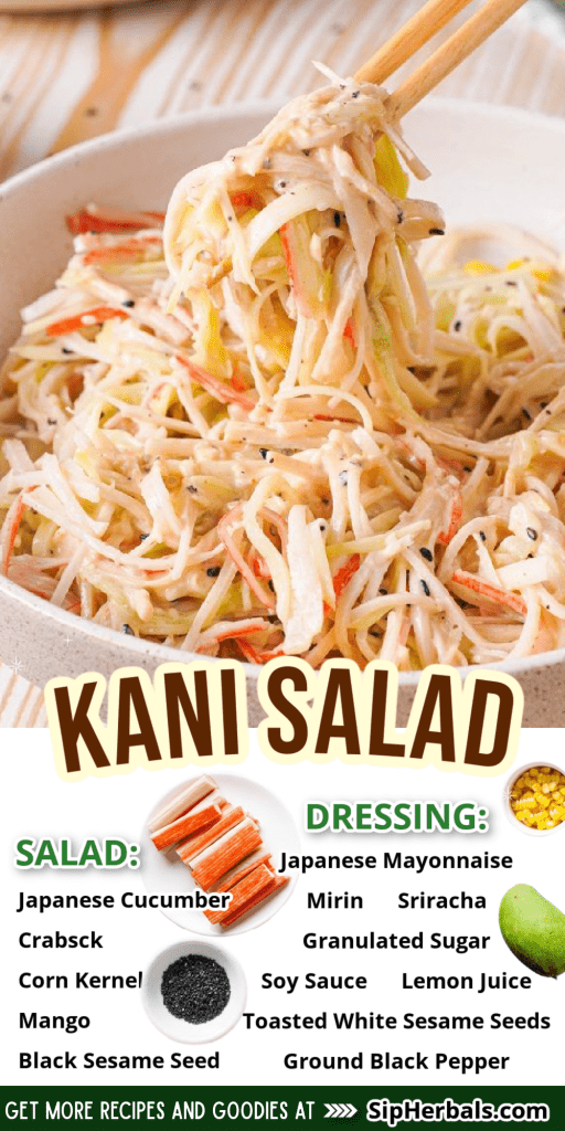 Kani salad in a bowl with text overlay