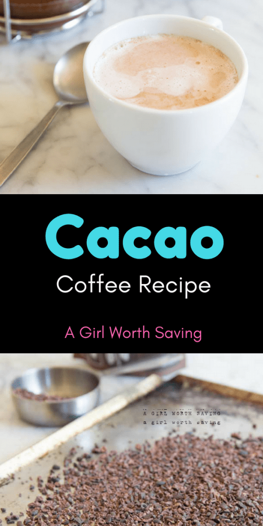 cacao coffee in a mug with roasted cacao on a sheet pan with text overlay between the images