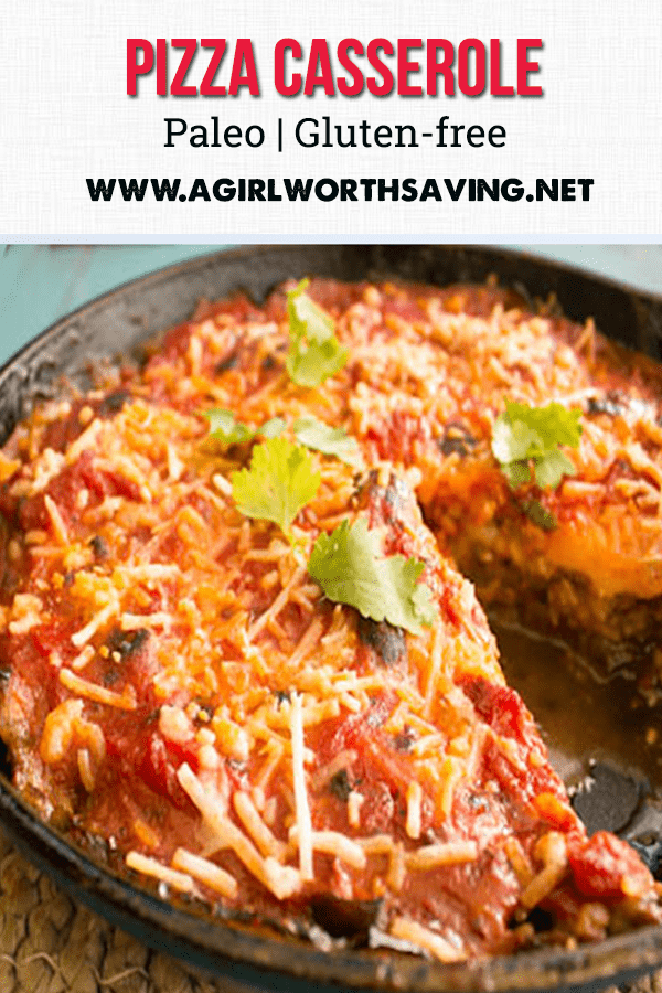 pizza casserole in a cast iron skillet with text overlay on top