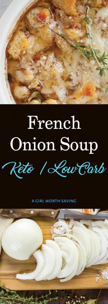 Stay warm with this Keto French onion soup! With beef stock base, slow-cooked caramelized onions, pork rings, Gruyere and Parmesan cheese. Is there anything more comforting on a chilly day than a hot bowl of French onion soup?