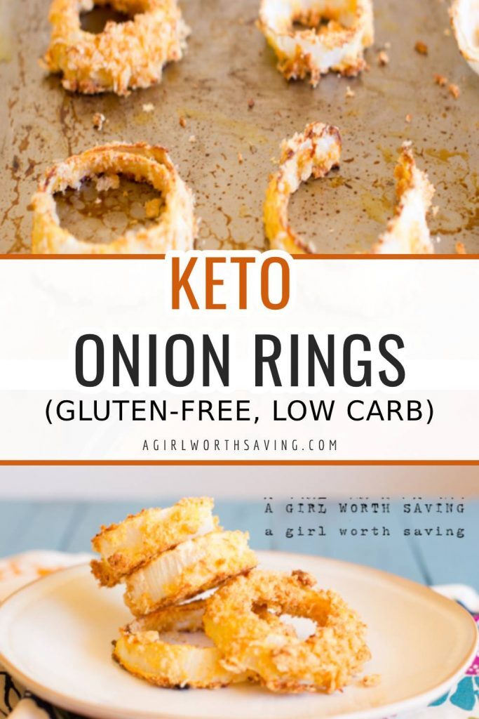 Keto Onion Rings on a baking sheet and plate