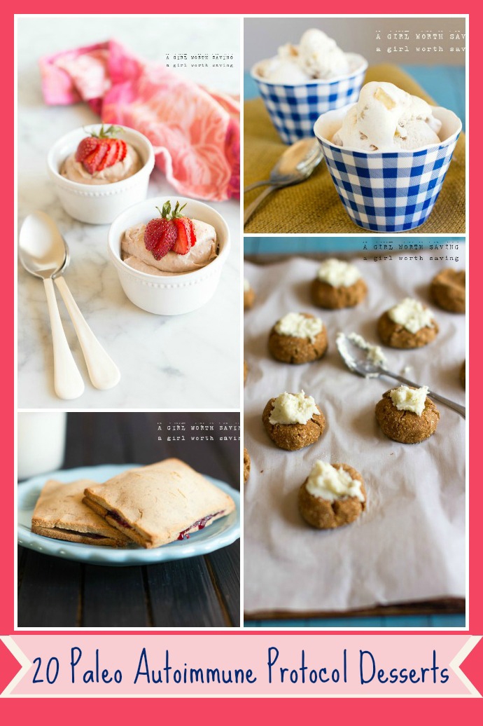 Photo collage of AIP Desserts strawberry mousse, apple pie ice cream and pumpkin spice cookies, paleo pop tarts with text overlay
