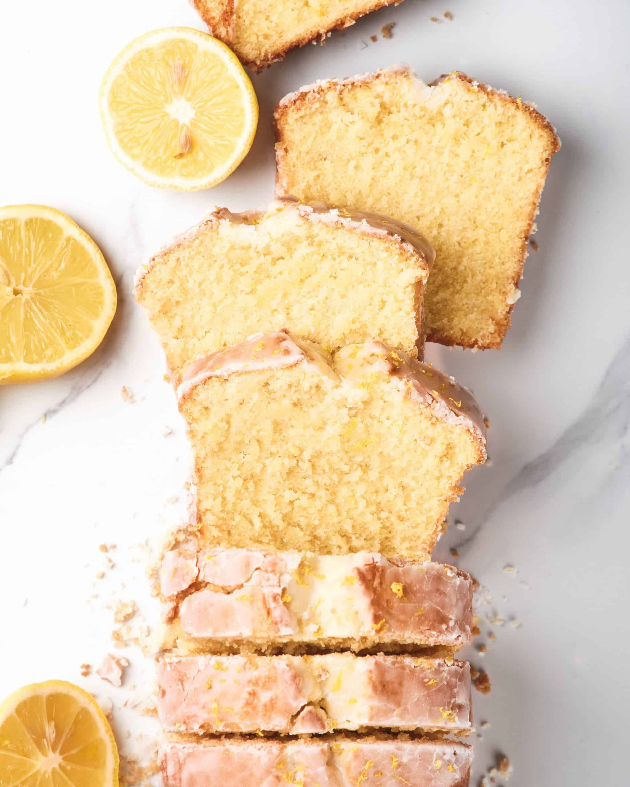 Recipe Index Kelly Bejelly overhead shot of sliced lemon pound cake