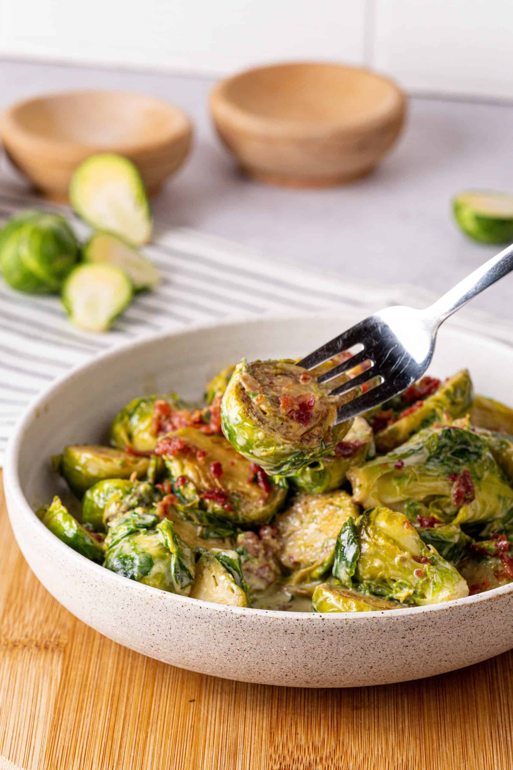 Recipe Index Kelly Bejelly Bowl filled with creamed brussels sprouts with bacon