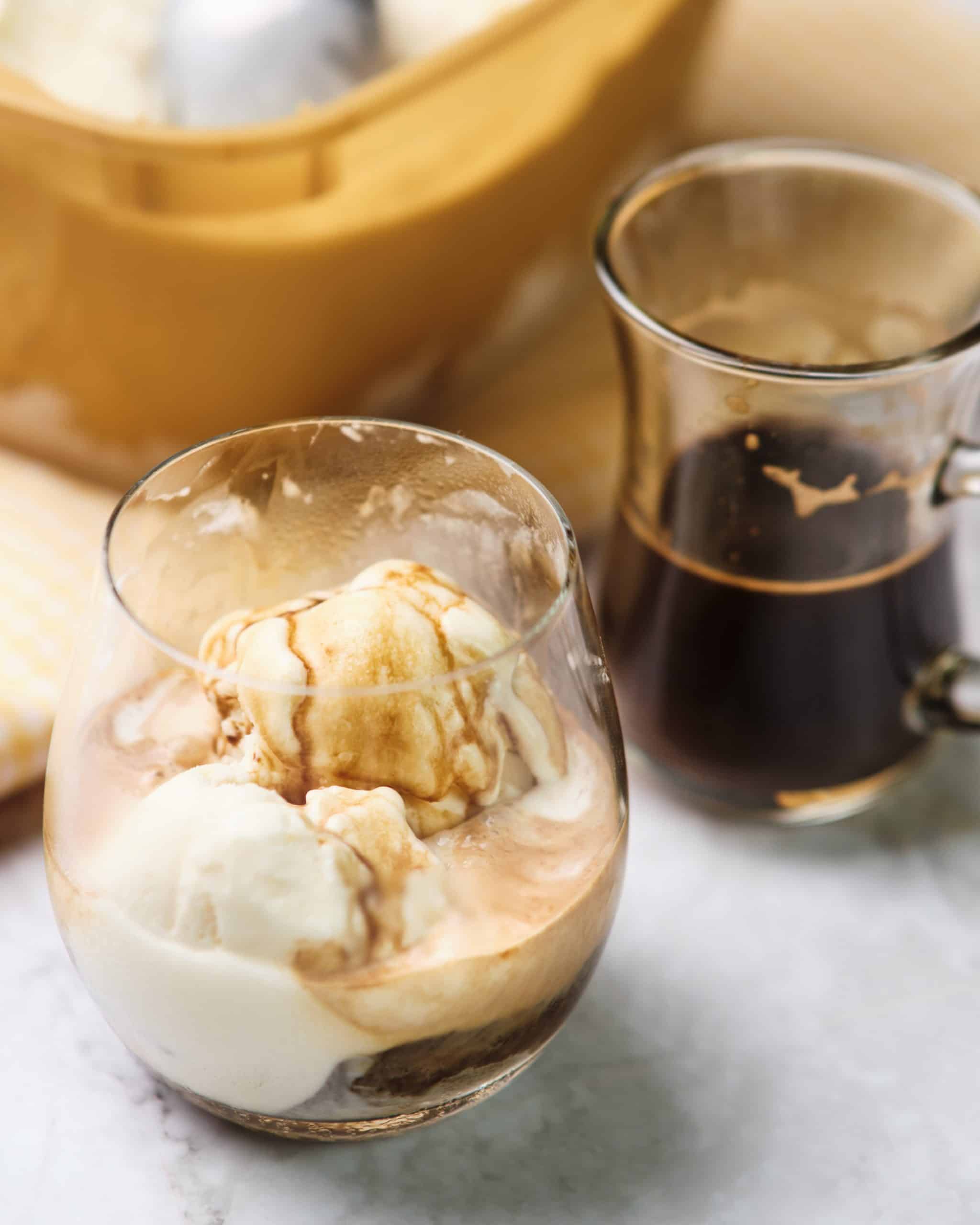 Recipe Index Kelly Bejelly close up of affogato with espresso and ice cream in the background