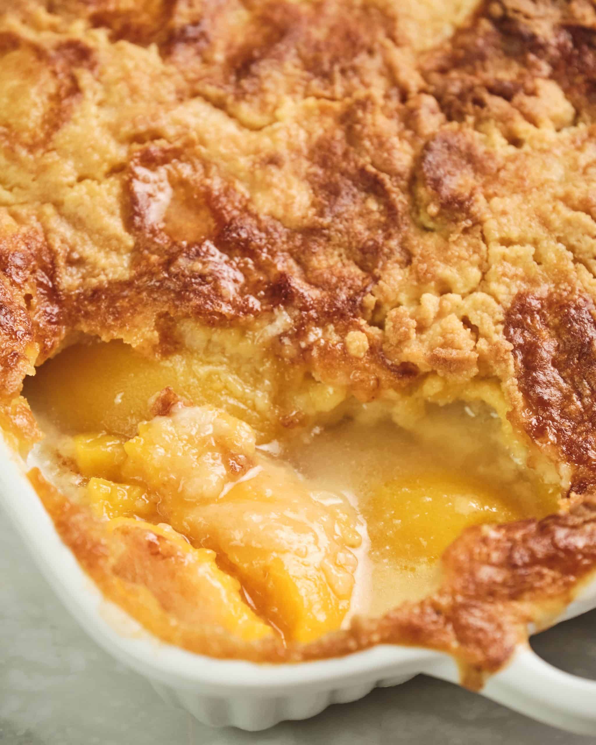 Recipe Index Kelly Bejelly close up of peach cobbler with cake mix